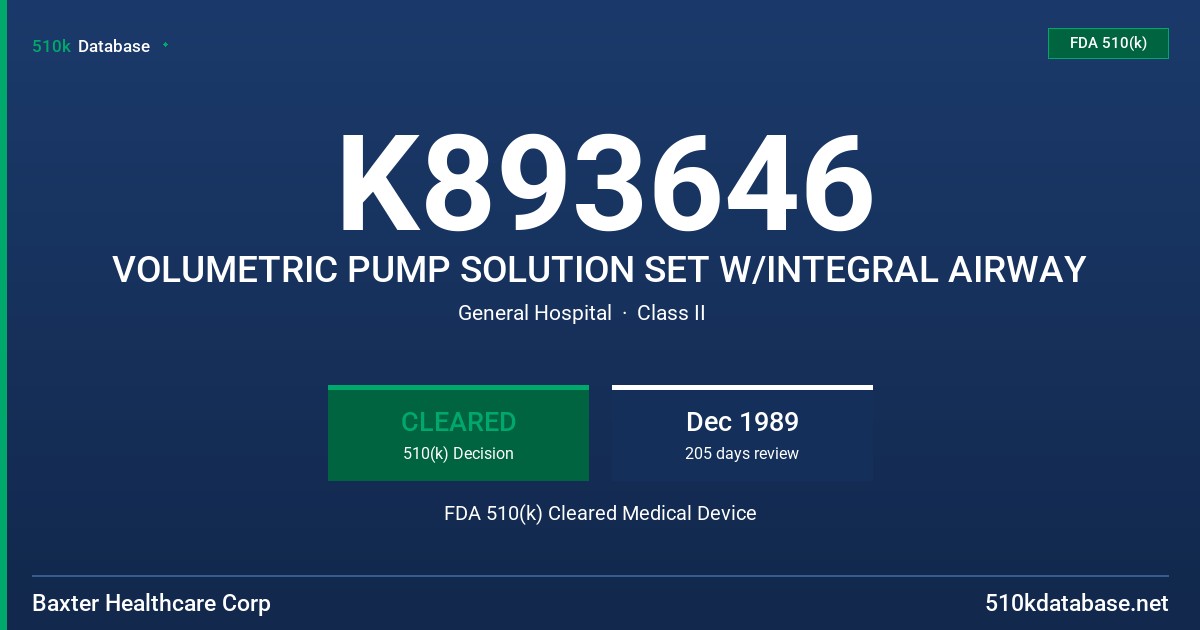 K893646 VOLUMETRIC PUMP SOLUTION SET W/INTEGRAL AIRWAY FDA 510(k) Cleared Medical Device