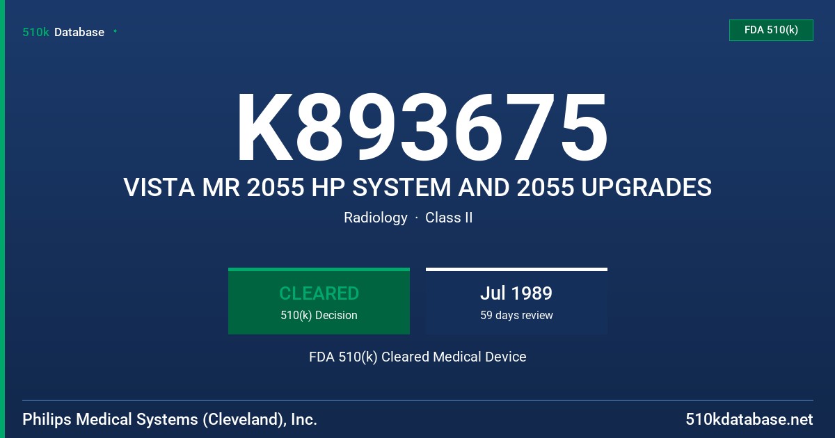 K893675 VISTA MR 2055 HP SYSTEM AND 2055 UPGRADES FDA 510(k) Cleared Medical Device