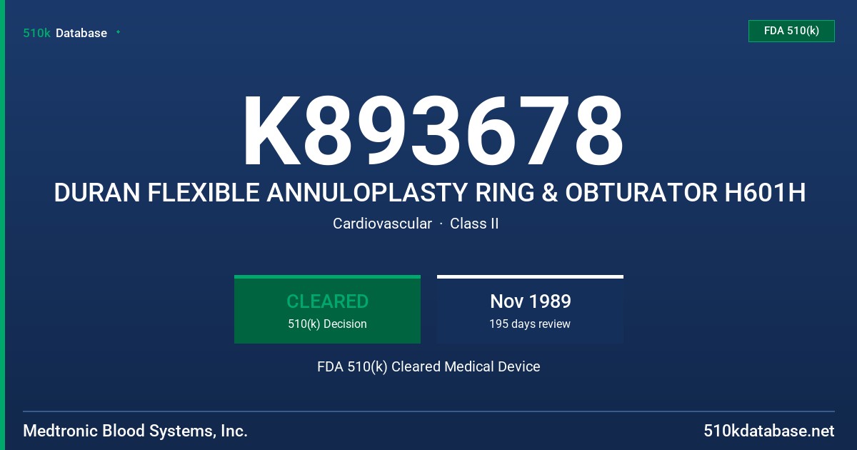 K893678 DURAN FLEXIBLE ANNULOPLASTY RING & OBTURATOR H601H FDA 510(k) Cleared Medical Device