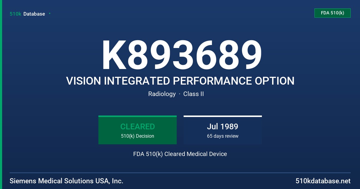 K893689 VISION INTEGRATED PERFORMANCE OPTION FDA 510(k) Cleared Medical Device
