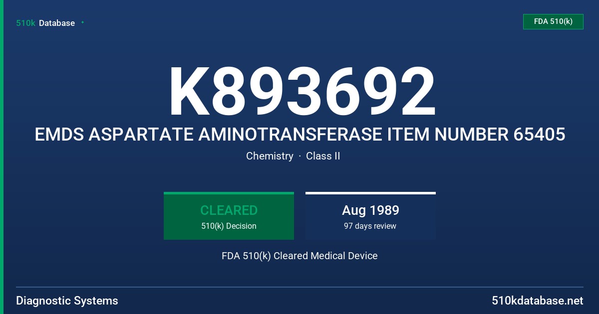 K893692 EMDS ASPARTATE AMINOTRANSFERASE ITEM NUMBER 65405 FDA 510(k) Cleared Medical Device