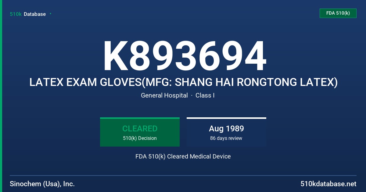K893694 LATEX EXAM GLOVES(MFG: SHANG HAI RONGTONG LATEX) FDA 510(k) Cleared Medical Device