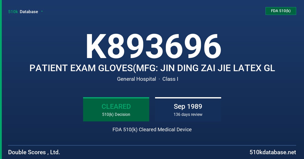 K893696 PATIENT EXAM GLOVES(MFG: JIN DING ZAI JIE LATEX GL FDA 510(k) Cleared Medical Device