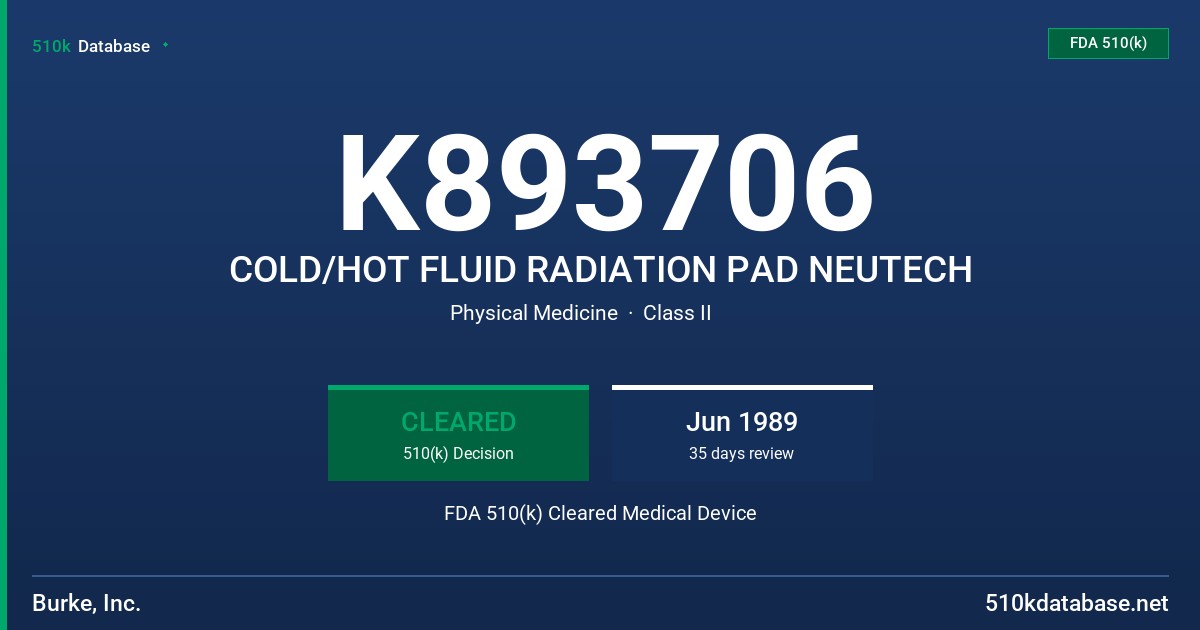 K893706 COLD/HOT FLUID RADIATION PAD NEUTECH FDA 510(k) Cleared Medical Device