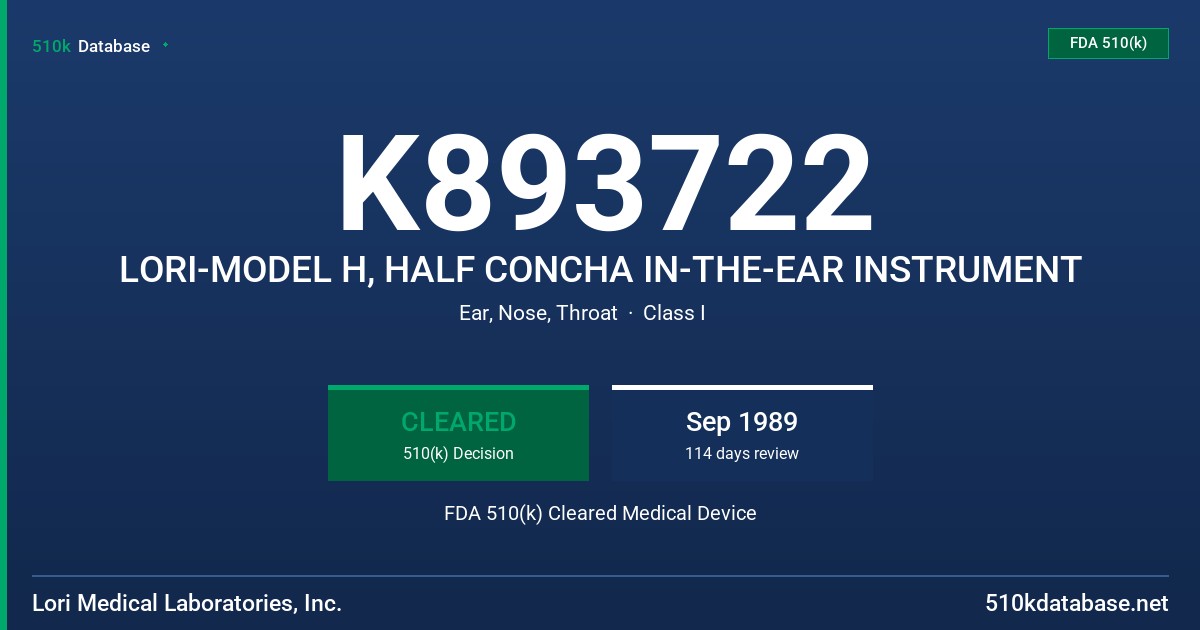 K893722 LORI-MODEL H, HALF CONCHA IN-THE-EAR INSTRUMENT FDA 510(k) Cleared Medical Device