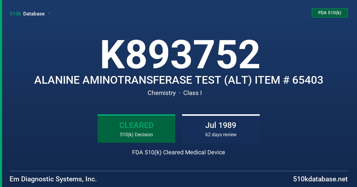 K893752 ALANINE AMINOTRANSFERASE TEST (ALT) ITEM # 65403 FDA 510(k) Cleared Medical Device