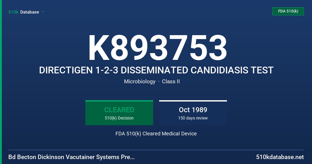 K893753 DIRECTIGEN 1-2-3 DISSEMINATED CANDIDIASIS TEST FDA 510(k) Cleared Medical Device