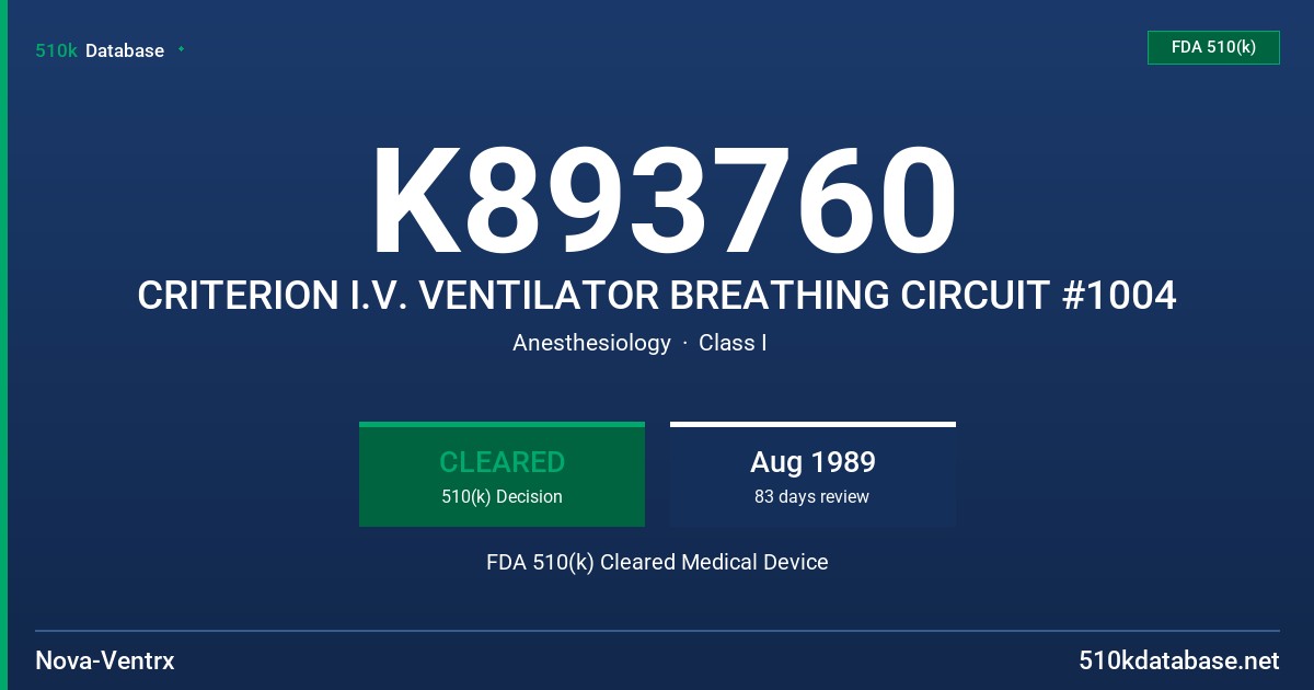 K893760 CRITERION I.V. VENTILATOR BREATHING CIRCUIT #1004 FDA 510(k) Cleared Medical Device