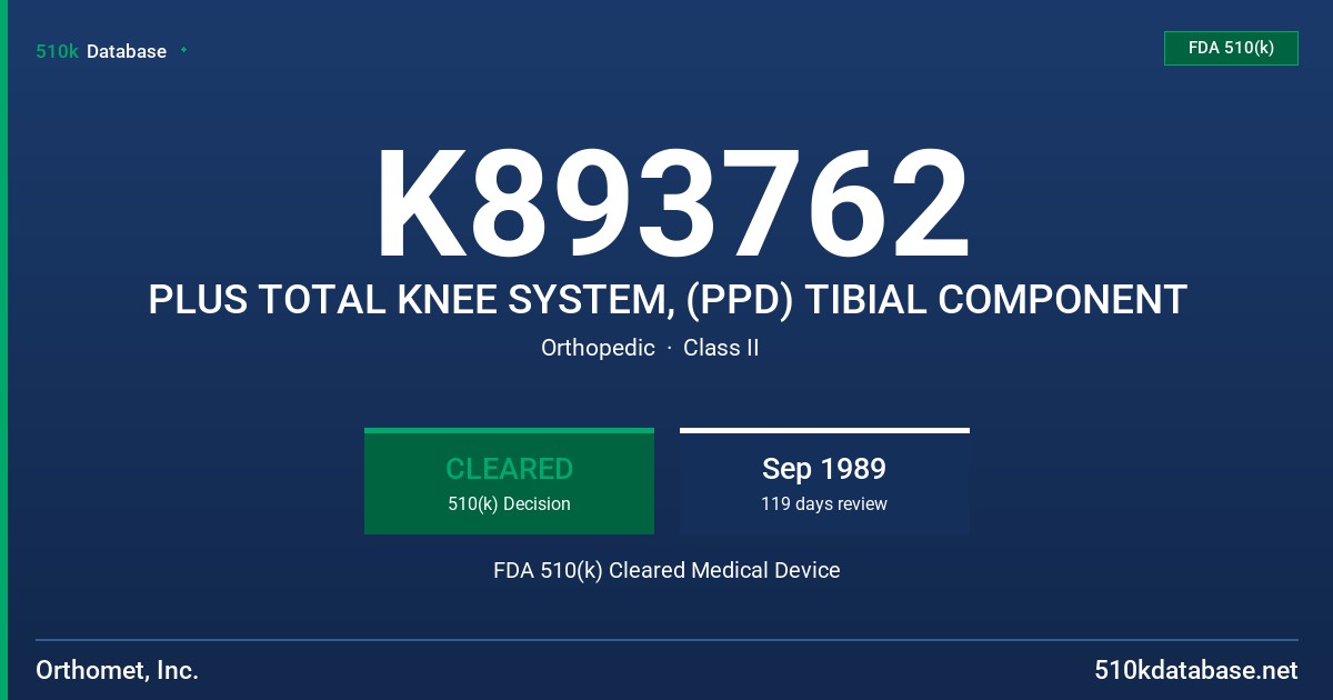 K893762 PLUS TOTAL KNEE SYSTEM, (PPD) TIBIAL COMPONENT FDA 510(k) Cleared Medical Device