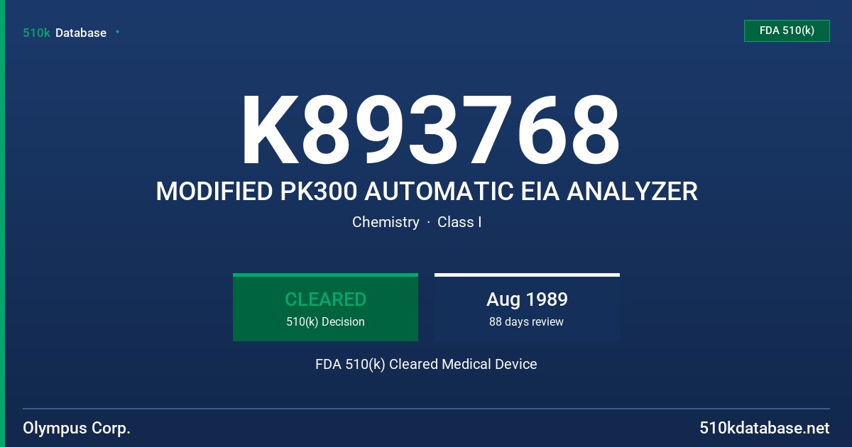K893768 MODIFIED PK300 AUTOMATIC EIA ANALYZER FDA 510(k) Cleared Medical Device