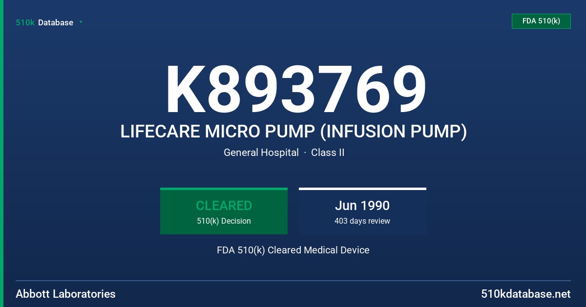 K893769 LIFECARE MICRO PUMP (INFUSION PUMP) FDA 510(k) Cleared Medical Device