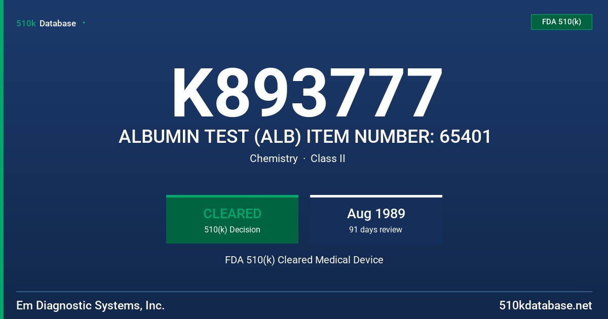 K893777 ALBUMIN TEST (ALB) ITEM NUMBER: 65401 FDA 510(k) Cleared Medical Device
