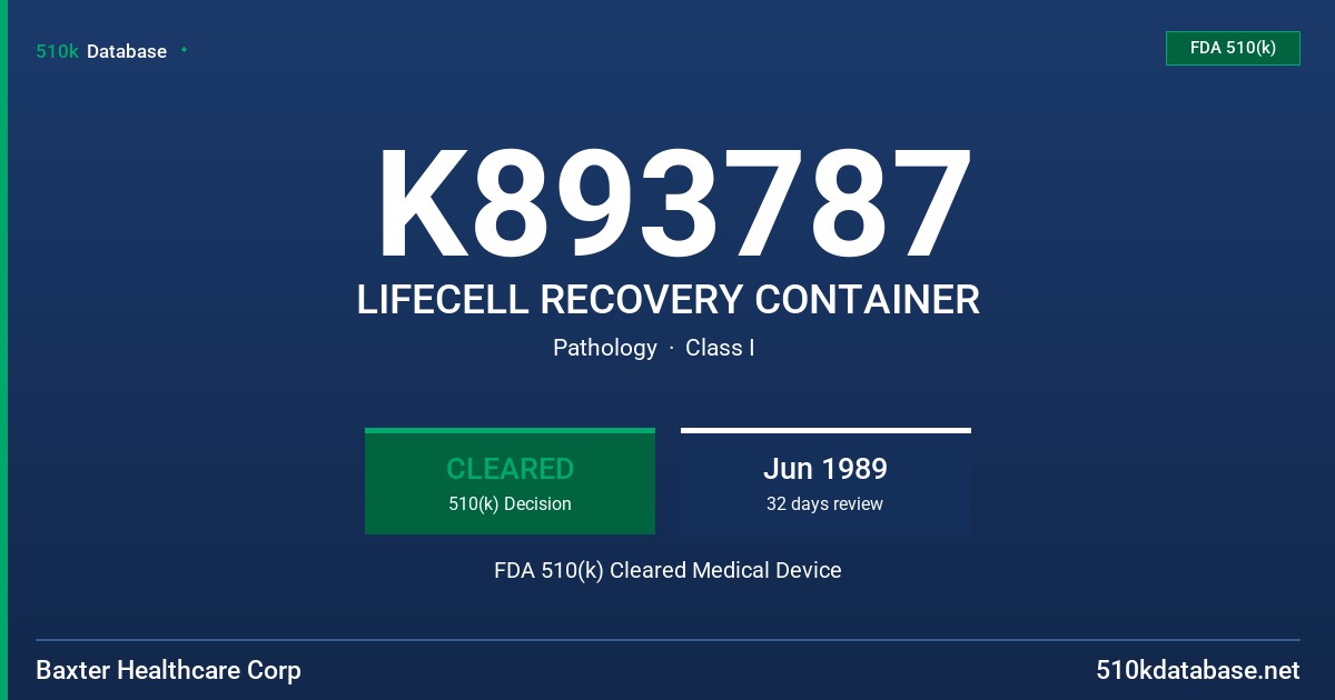 K893787 LIFECELL RECOVERY CONTAINER FDA 510(k) Cleared Medical Device