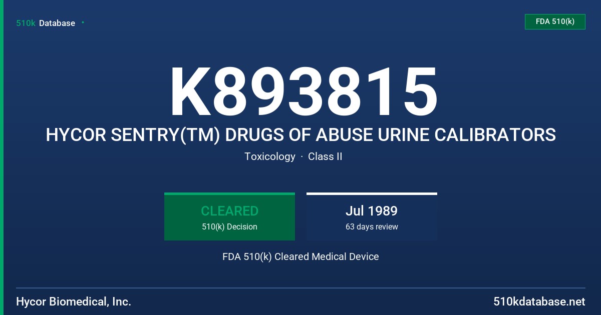 K893815 HYCOR SENTRY(TM) DRUGS OF ABUSE URINE CALIBRATORS FDA 510(k) Cleared Medical Device