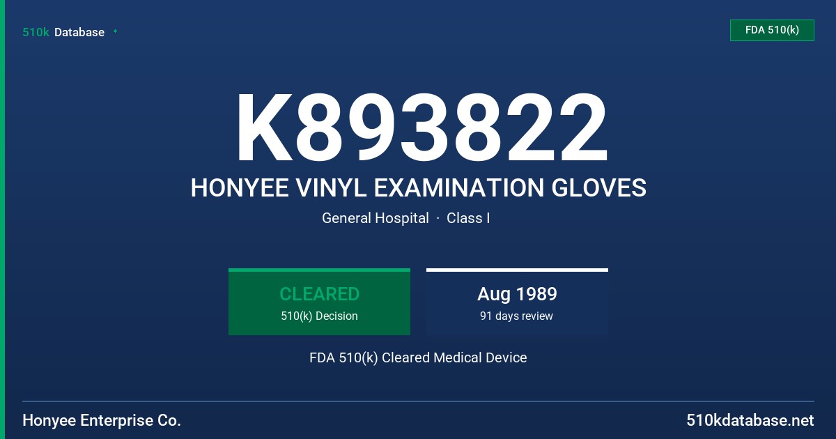 K893822 HONYEE VINYL EXAMINATION GLOVES FDA 510(k) Cleared Medical Device