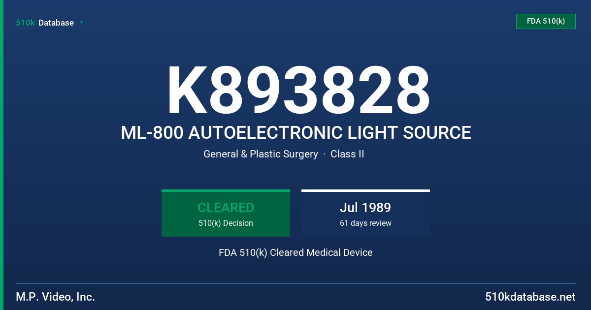 K893828 ML-800 AUTOELECTRONIC LIGHT SOURCE FDA 510(k) Cleared Medical Device