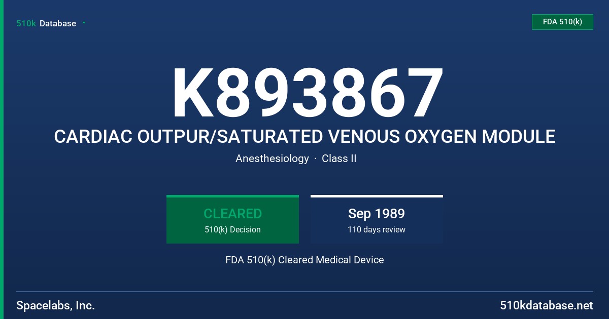 K893867 CARDIAC OUTPUR/SATURATED VENOUS OXYGEN MODULE FDA 510(k) Cleared Medical Device