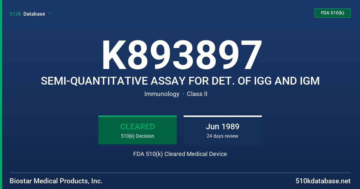 K893897 SEMI-QUANTITATIVE ASSAY FOR DET. OF IGG AND IGM FDA 510(k) Cleared Medical Device