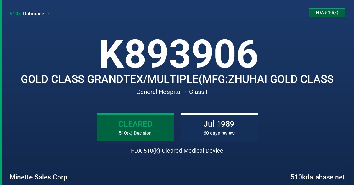 K893906 GOLD CLASS GRANDTEX/MULTIPLE(MFG:ZHUHAI GOLD CLASS FDA 510(k) Cleared Medical Device