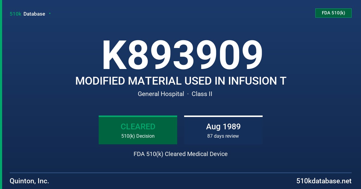 K893909 MODIFIED MATERIAL USED IN INFUSION T FDA 510(k) Cleared Medical Device
