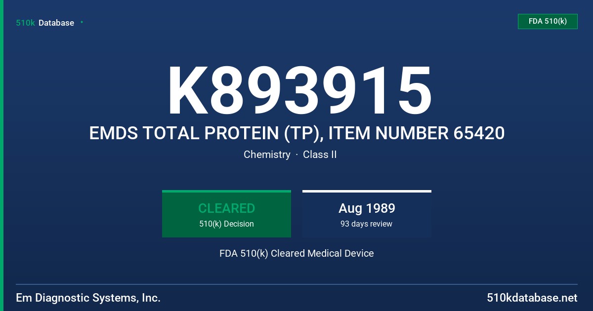 K893915 EMDS TOTAL PROTEIN (TP), ITEM NUMBER 65420 FDA 510(k) Cleared Medical Device