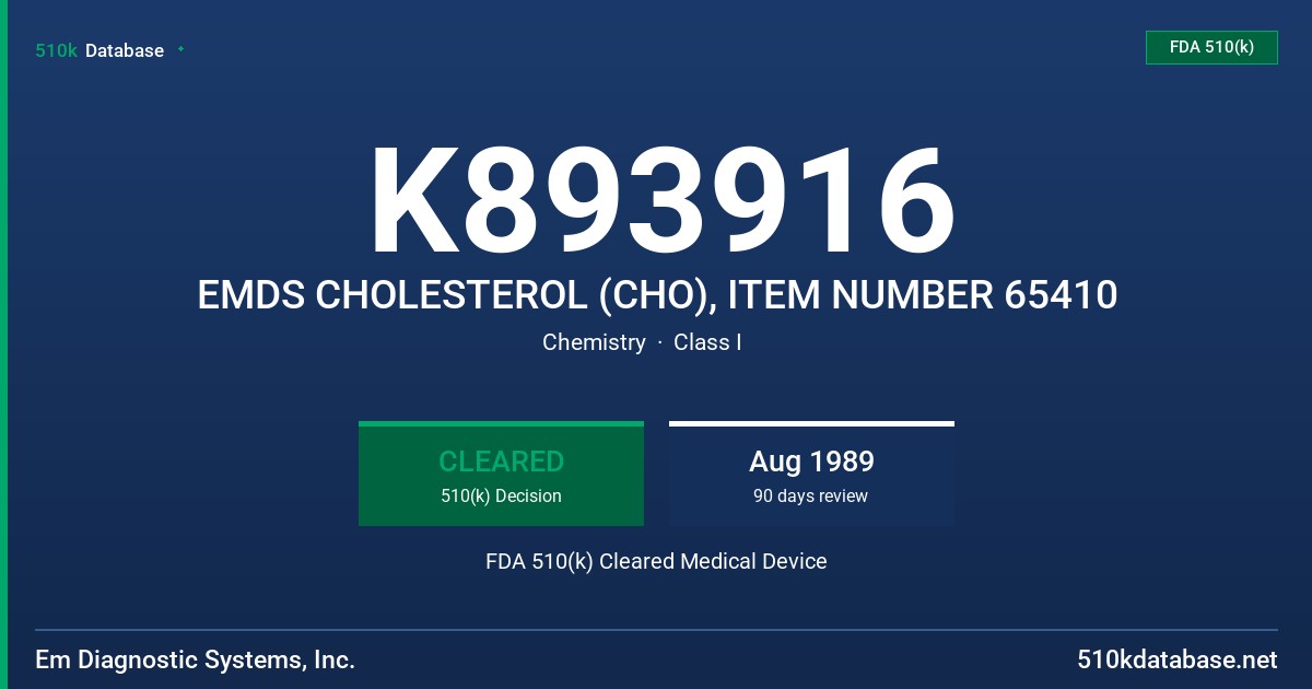 K893916 EMDS CHOLESTEROL (CHO), ITEM NUMBER 65410 FDA 510(k) Cleared Medical Device