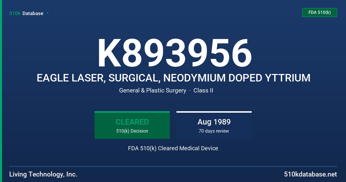 K893956 EAGLE LASER, SURGICAL, NEODYMIUM DOPED YTTRIUM FDA 510(k) Cleared Medical Device
