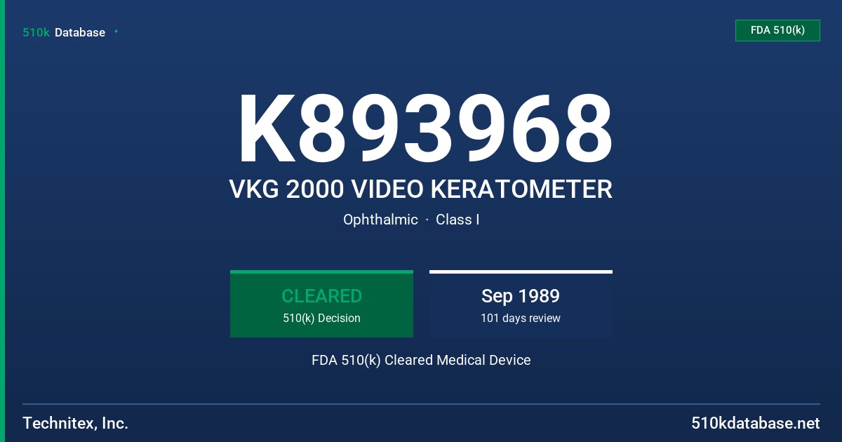 K893968 VKG 2000 VIDEO KERATOMETER FDA 510(k) Cleared Medical Device