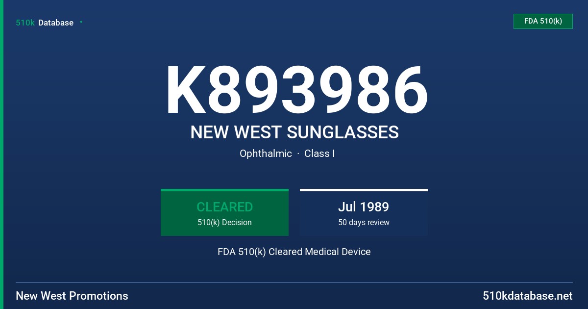 K893986 NEW WEST SUNGLASSES FDA 510(k) Cleared Medical Device