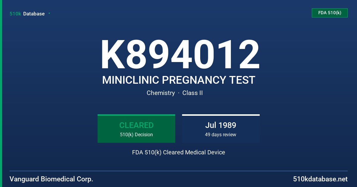 K894012 MINICLINIC PREGNANCY TEST FDA 510(k) Cleared Medical Device