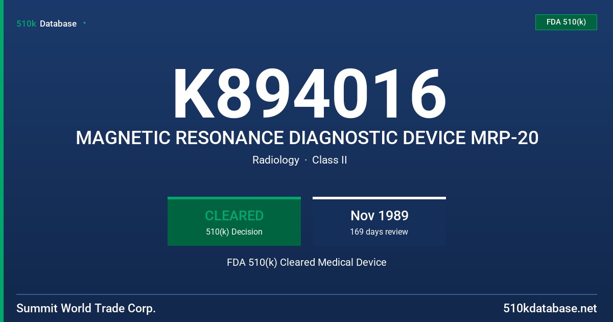 K894016 MAGNETIC RESONANCE DIAGNOSTIC DEVICE MRP-20 FDA 510(k) Cleared Medical Device