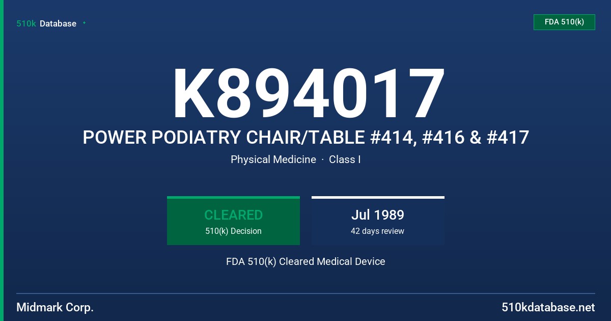 K894017 POWER PODIATRY CHAIR/TABLE #414, #416 & #417 FDA 510(k) Cleared Medical Device