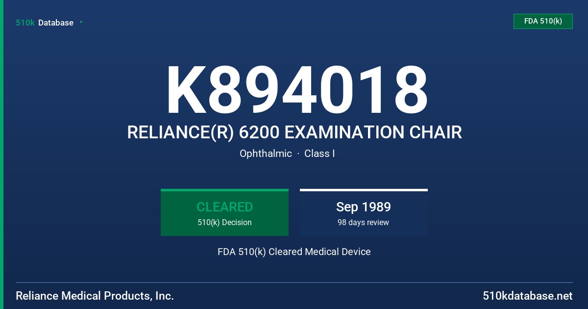 K894018 RELIANCE(R) 6200 EXAMINATION CHAIR FDA 510(k) Cleared Medical Device