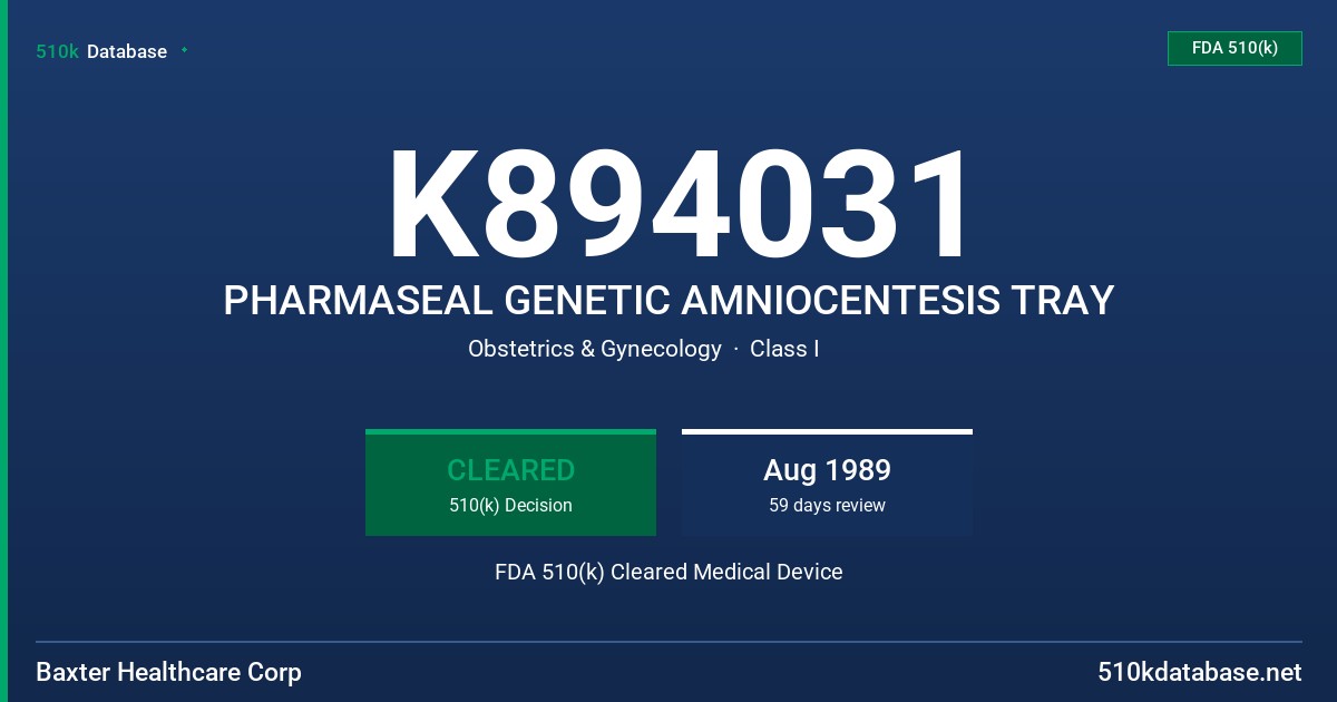 K894031 PHARMASEAL GENETIC AMNIOCENTESIS TRAY FDA 510(k) Cleared Medical Device