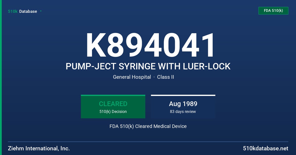 K894041 PUMP-JECT SYRINGE WITH LUER-LOCK FDA 510(k) Cleared Medical Device
