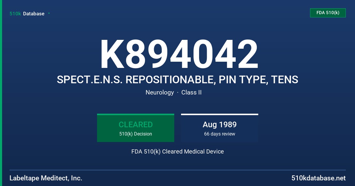 K894042 SPECT.E.N.S. REPOSITIONABLE, PIN TYPE, TENS FDA 510(k) Cleared Medical Device