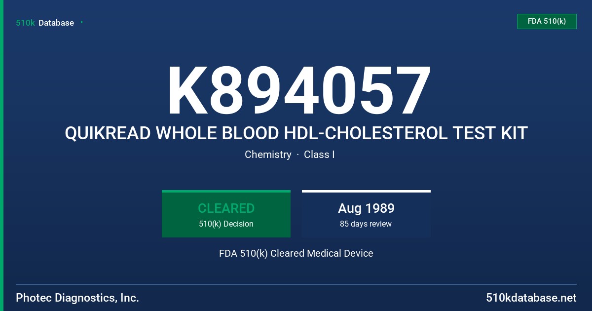K894057 QUIKREAD WHOLE BLOOD HDL-CHOLESTEROL TEST KIT FDA 510(k) Cleared Medical Device