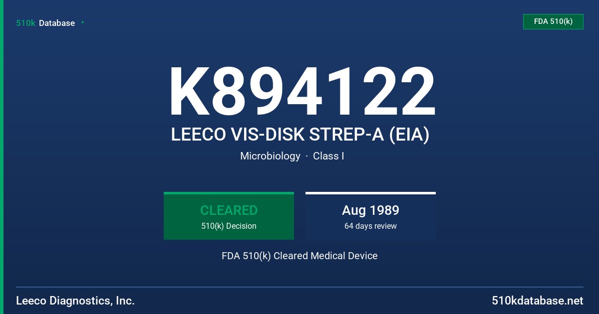 K894122 LEECO VIS-DISK STREP-A (EIA) FDA 510(k) Cleared Medical Device