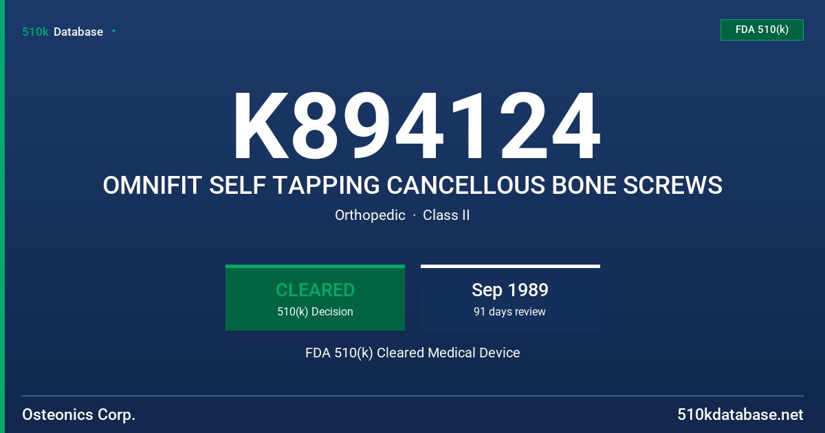 K894124 OMNIFIT SELF TAPPING CANCELLOUS BONE SCREWS FDA 510(k) Cleared Medical Device