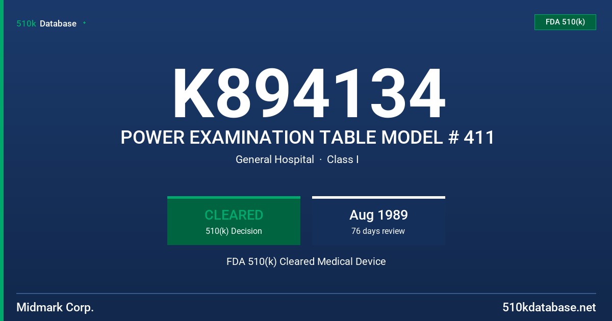 K894134 POWER EXAMINATION TABLE MODEL # 411 FDA 510(k) Cleared Medical Device