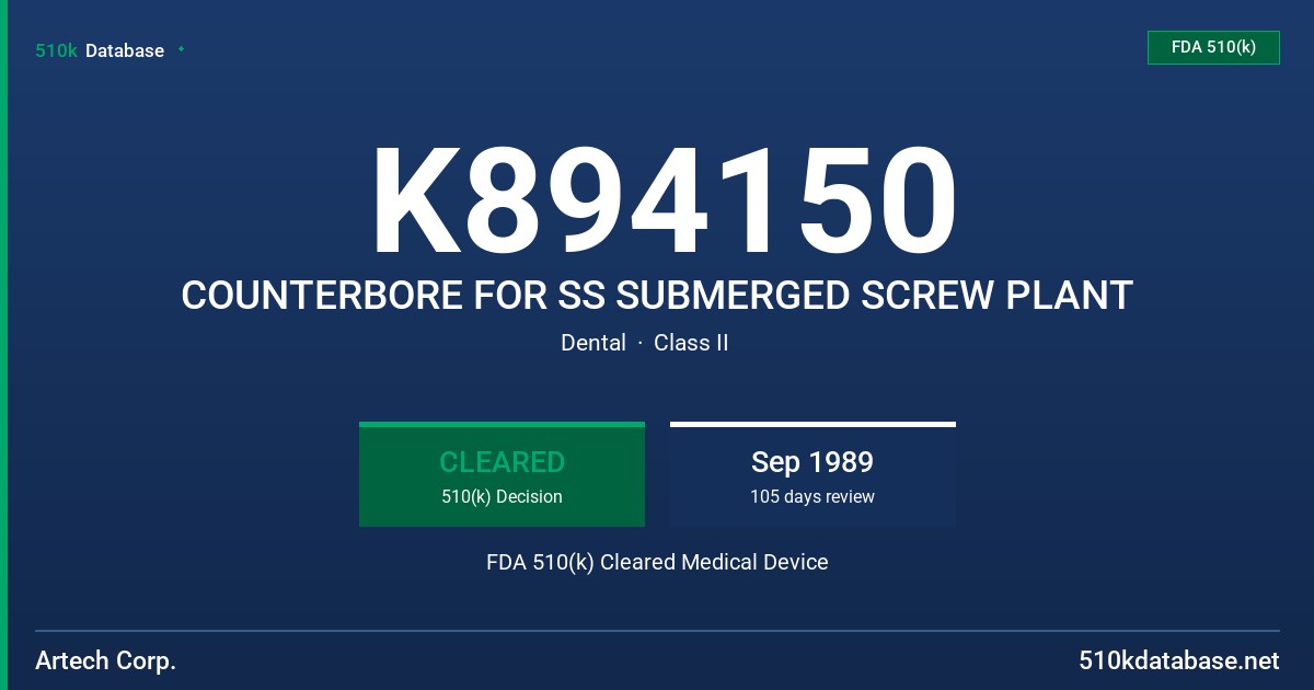 K894150 COUNTERBORE FOR SS SUBMERGED SCREW PLANT FDA 510(k) Cleared Medical Device