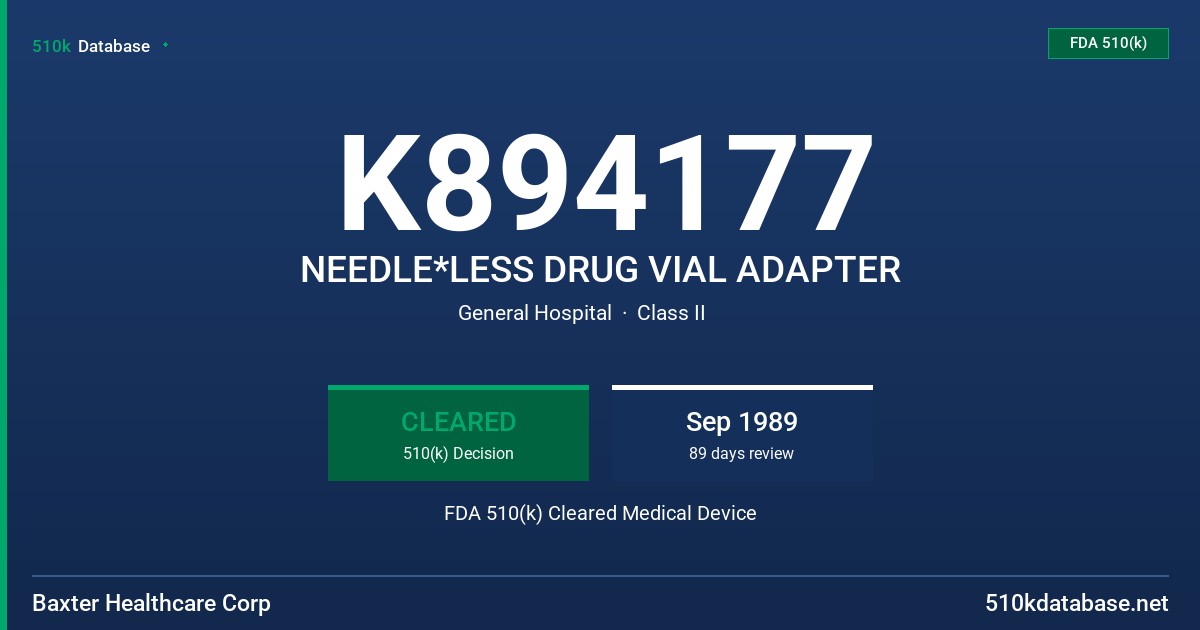 K894177 NEEDLE*LESS DRUG VIAL ADAPTER FDA 510(k) Cleared Medical Device