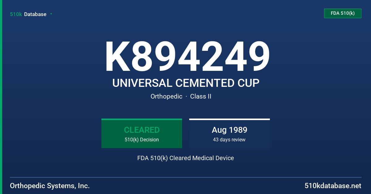 K894249 UNIVERSAL CEMENTED CUP FDA 510(k) Cleared Medical Device