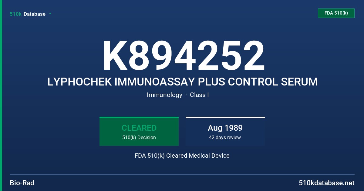 K894252 LYPHOCHEK IMMUNOASSAY PLUS CONTROL SERUM FDA 510(k) Cleared Medical Device
