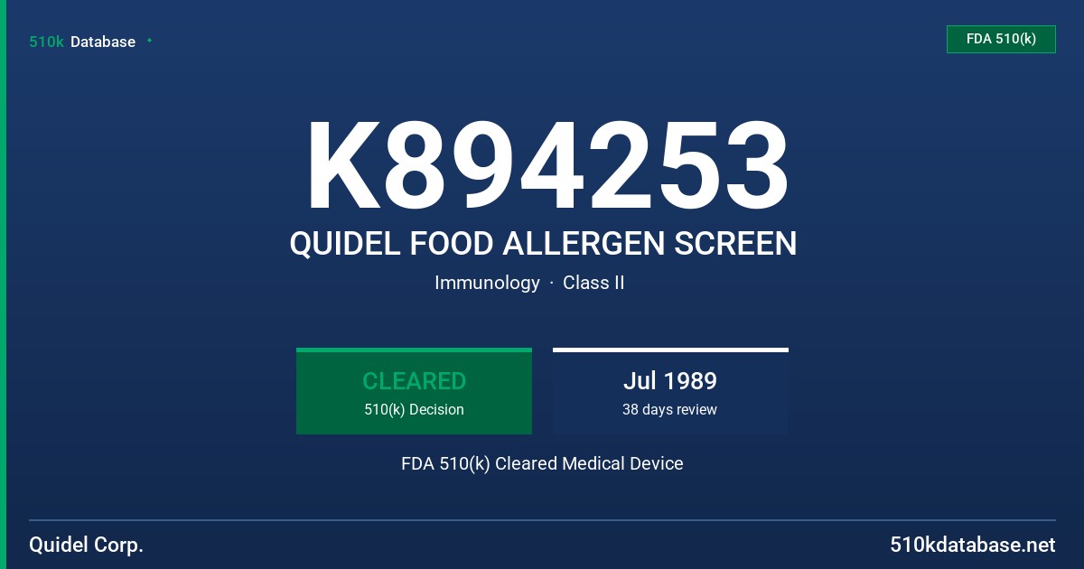 K894253 QUIDEL FOOD ALLERGEN SCREEN FDA 510(k) Cleared Medical Device