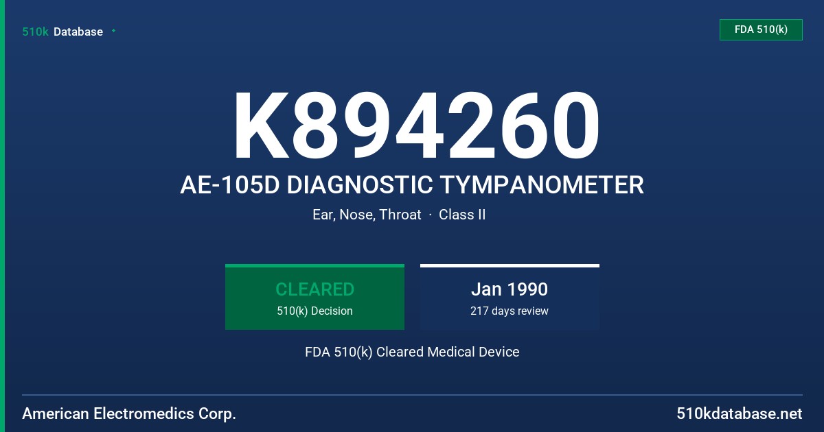 K894260 AE-105D DIAGNOSTIC TYMPANOMETER FDA 510(k) Cleared Medical Device