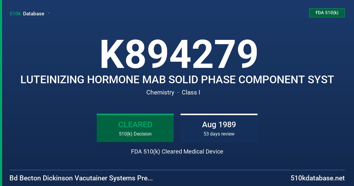 K894279 LUTEINIZING HORMONE MAB SOLID PHASE COMPONENT SYST FDA 510(k) Cleared Medical Device