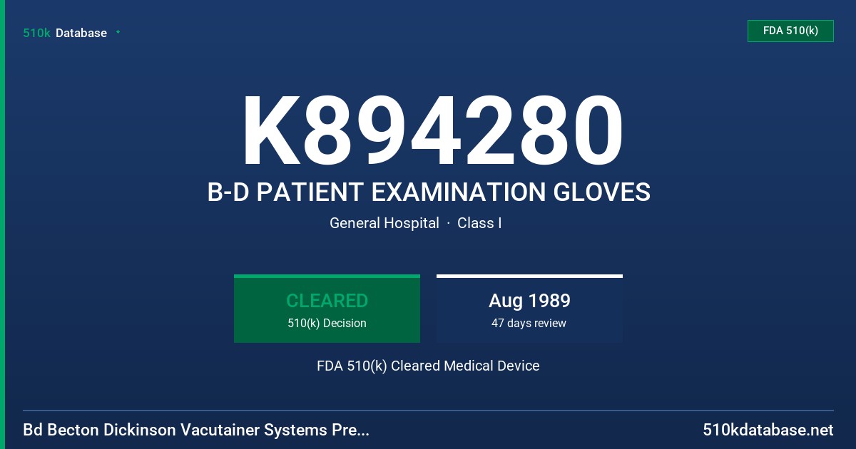 K894280 B-D PATIENT EXAMINATION GLOVES FDA 510(k) Cleared Medical Device
