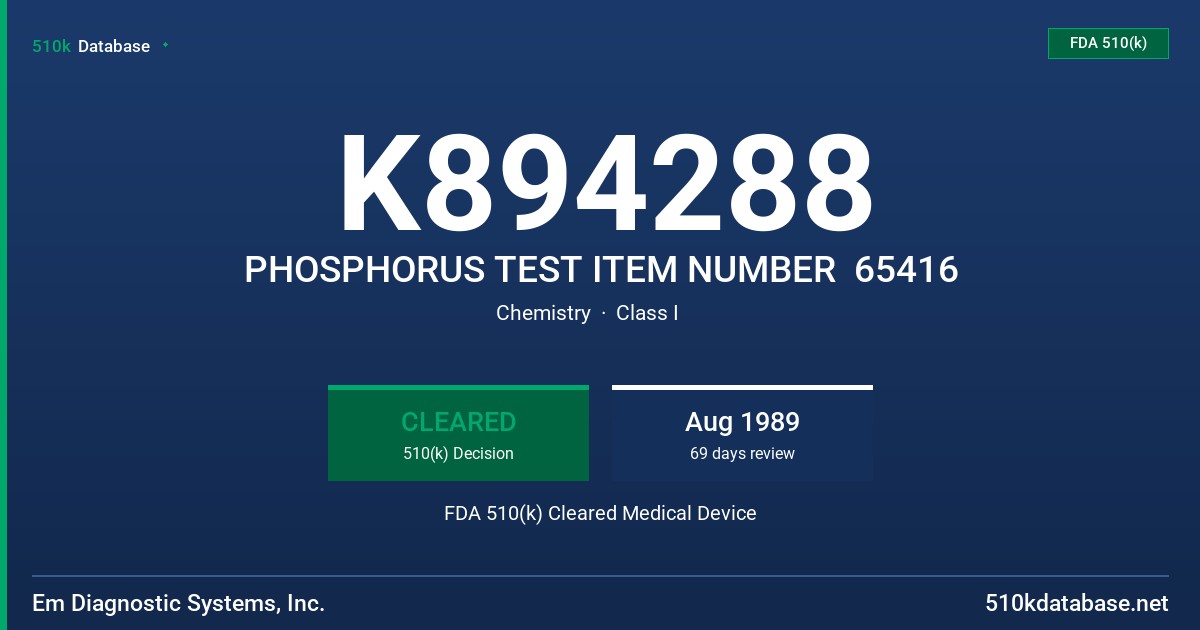 K894288 PHOSPHORUS TEST ITEM NUMBER  65416 FDA 510(k) Cleared Medical Device