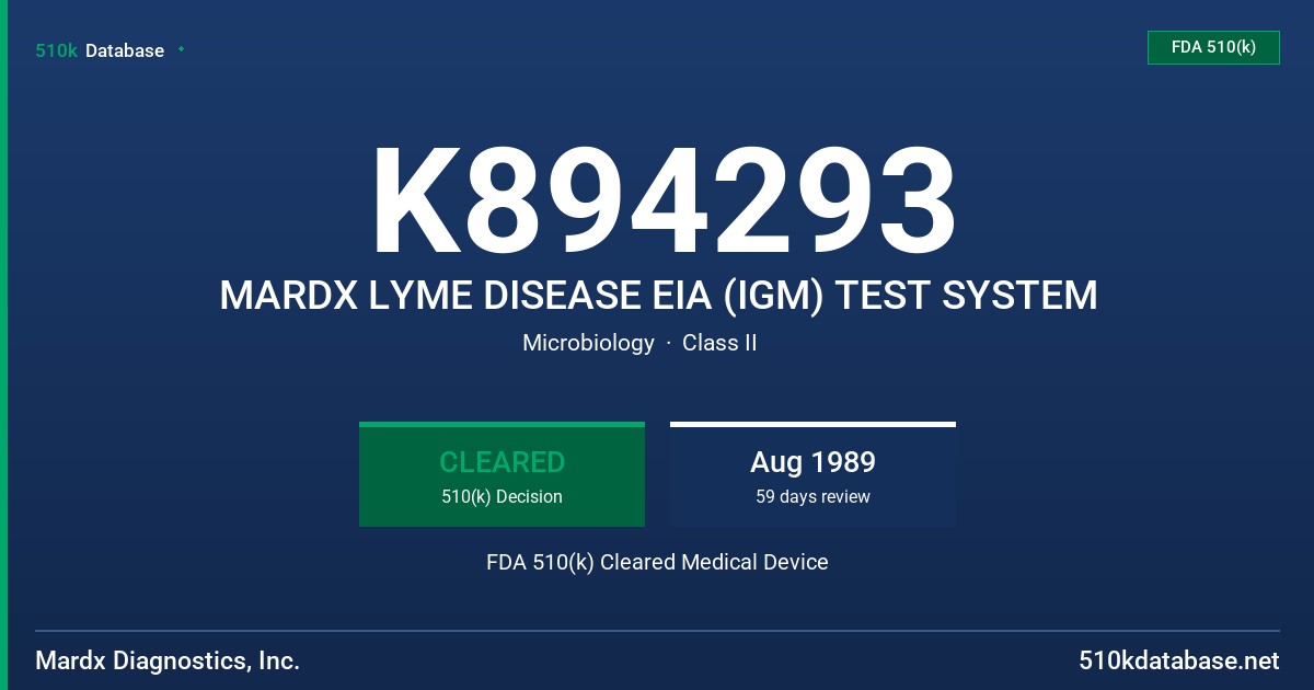 K894293 MARDX LYME DISEASE EIA (IGM) TEST SYSTEM FDA 510(k) Cleared Medical Device